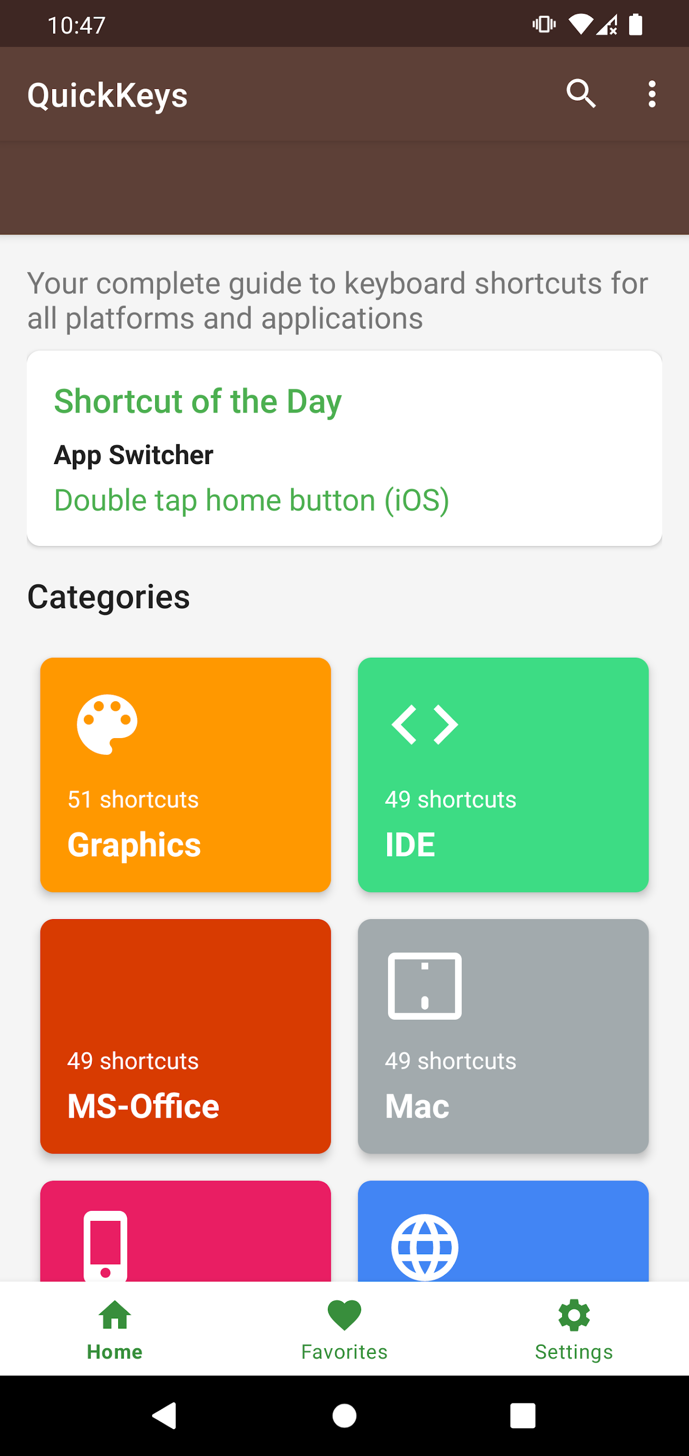 Shortcut list